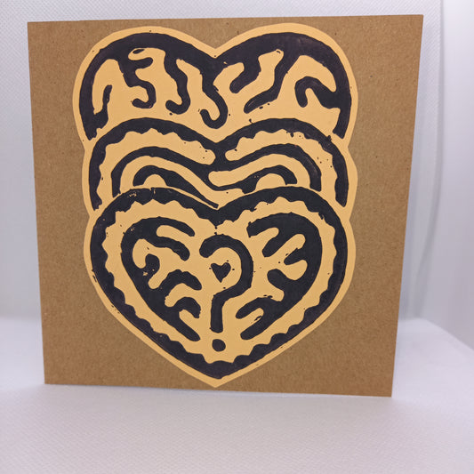 Valentine card, triple heart design featuring question mark, original lino print design, square card and envelope, blank inside for own message, fully recyclable 