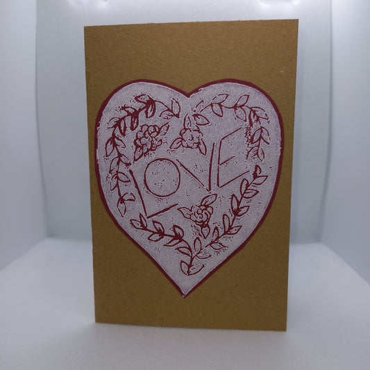 Anniversary card, Valentine card, original lino print design, flowers and leaves around the word love, blank inside for own message, fully recyclable